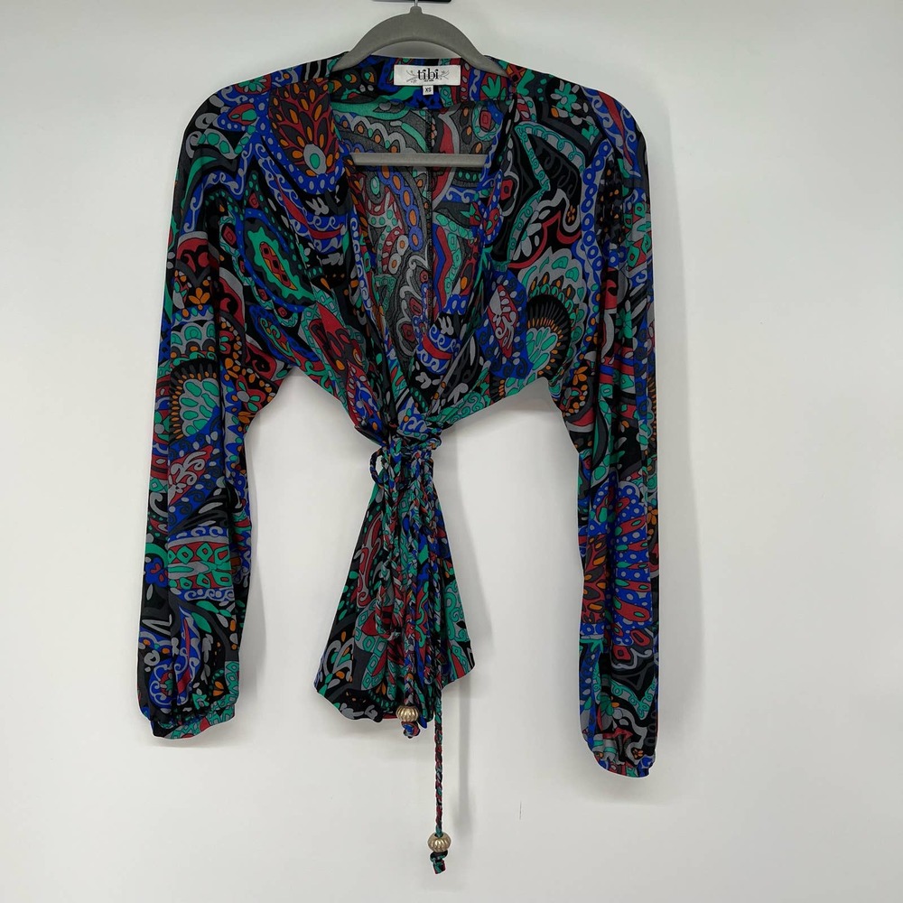 Tibi Paisley Wrap Blouse Women's Size XS Multicolor 100% Silk Hippie Braided Tie